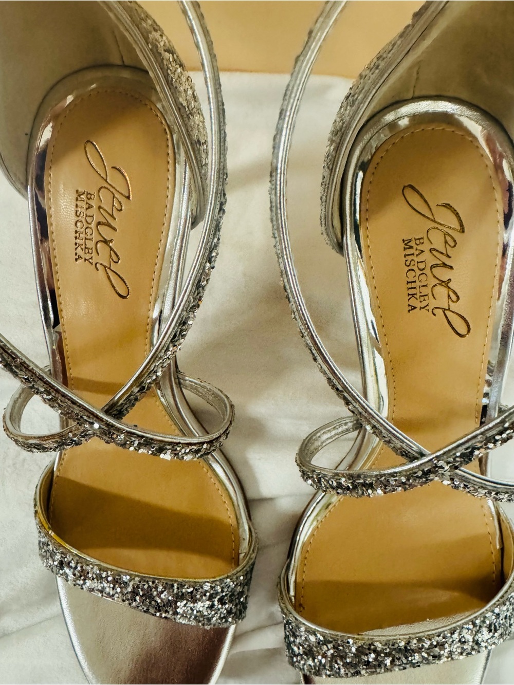 Badgley Mischka Silver Glitter Strappy Heels - Picture 4 of 4